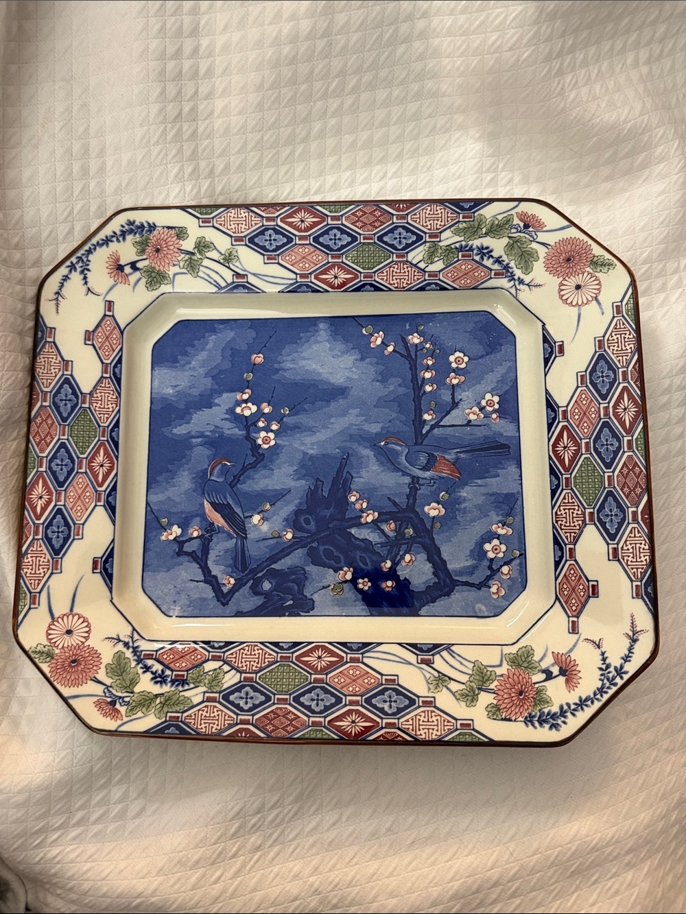 Vintage 70s Japanese Imari Square Serving Plate Birds & Blossoms 10.25x12.25 in